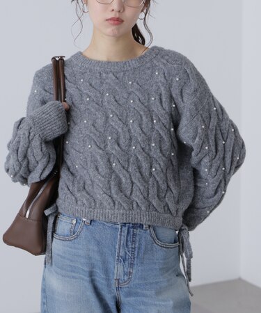 ウエストゴムパールミックスケーブルドロストニット