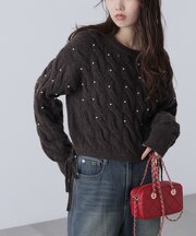 ウエストゴムパールミックスケーブルドロストニット