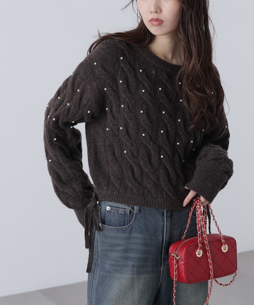 ウエストゴムパールミックスケーブルドロストニット