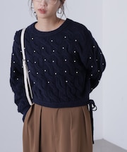 ウエストゴムパールミックスケーブルドロストニット