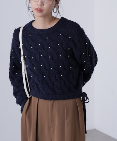 ウエストゴムパールミックスケーブルドロストニット