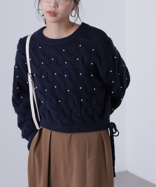 ウエストゴムパールミックスケーブルドロストニット