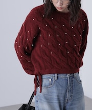ウエストゴムパールミックスケーブルドロストニット