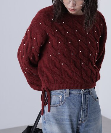 ウエストゴムパールミックスケーブルドロストニット