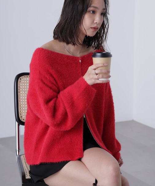 前後2WAYオフショルシャギージップカーディガン