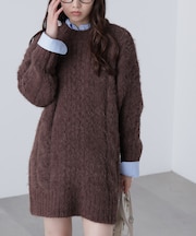 テディヤーンケーブル編みミニワンピース