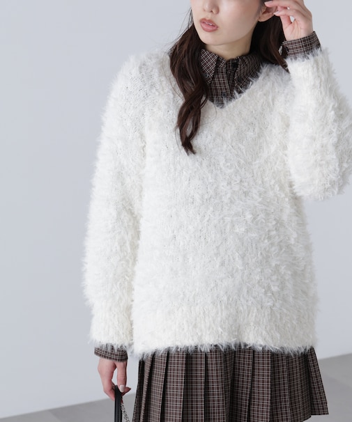 前後２ＷＡＹチュールフェザーミックスミドル丈ニット