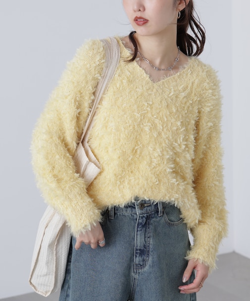 前後２ＷＡＹチュールフェザーミックスミドル丈ニット