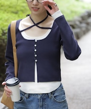 キャミレイヤードクルーネックニット