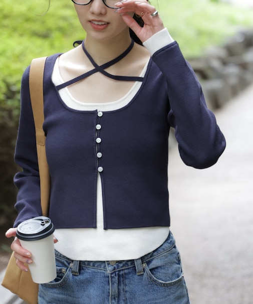 キャミレイヤードクルーネックニット