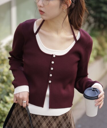 キャミレイヤードクルーネックニット