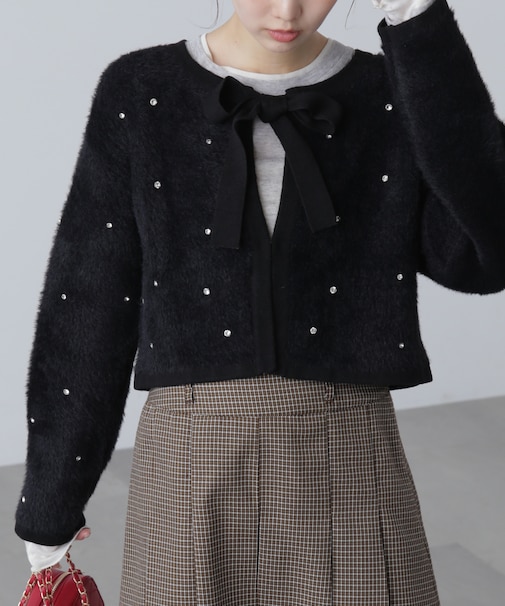 ラインストーンクロップドニットカーディガン