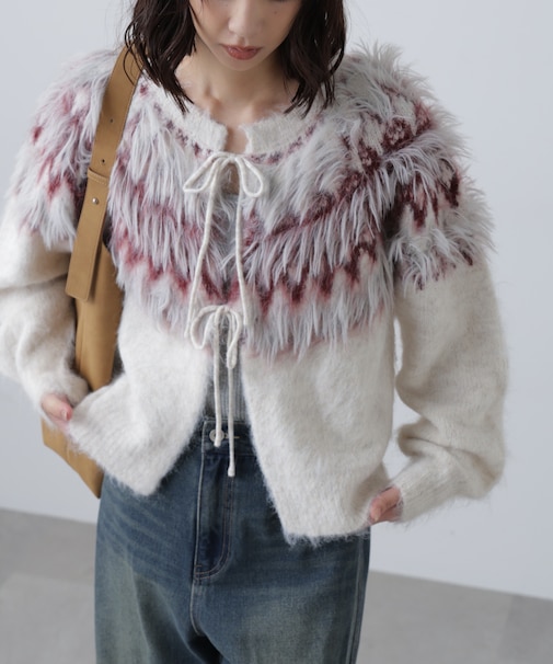 前後2WAYノルディック柄リボンカーディ