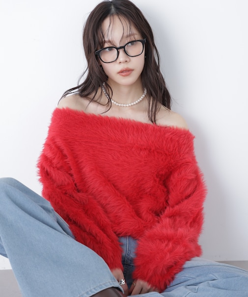 ロングシャギーオフショルニット