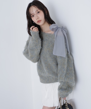 MIXヤーンオフショルリボンニット