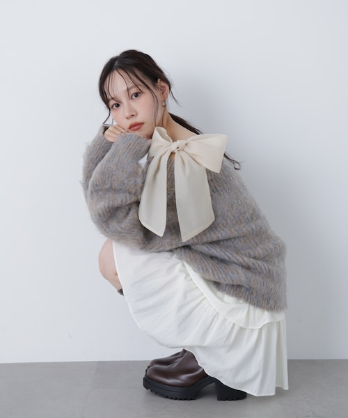 値下げ 極美品 春ニット YUKI SHIMANE オフショルダーリボン ニット MIXヤーンオフショルリボンニット｜フリーズマートの通販｜&mall