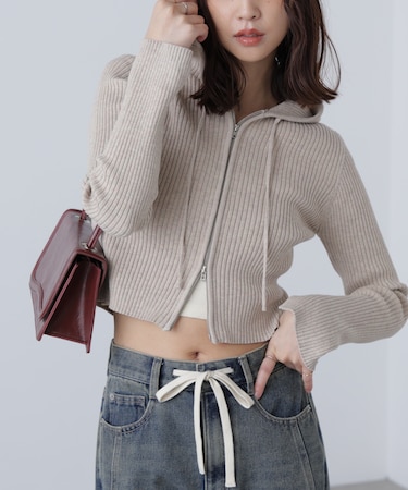 配色リブショート丈ニットパーカー