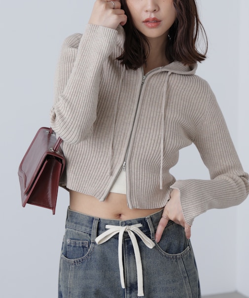 配色リブショート丈ニットパーカー