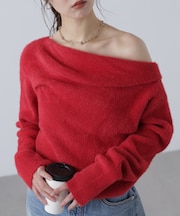シャギーオフショルドレープネックニット