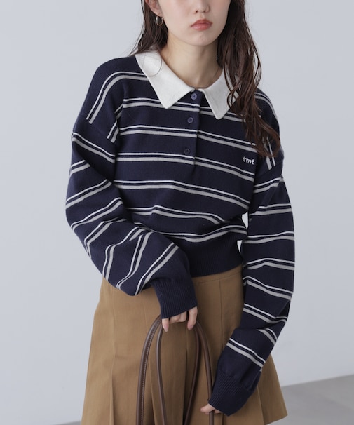 ロゴ刺繍ボーダーポロニット