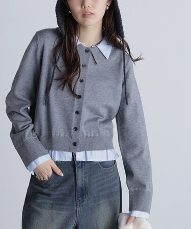 シャツフェイクレイヤードポロカーディガン
