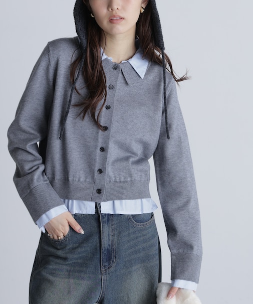 シャツフェイクレイヤードポロカーディガン