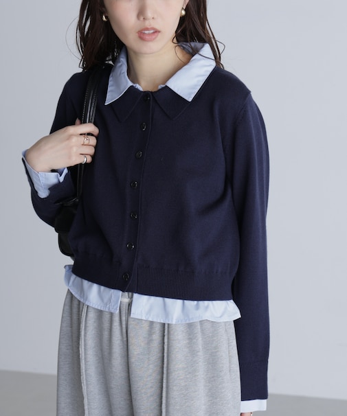 シャツフェイクレイヤードポロカーディガン