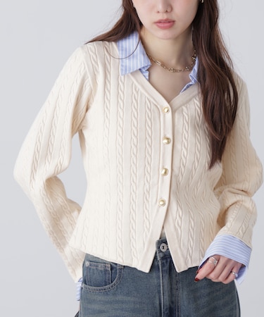 シャツレイヤードゴールドボタンニット