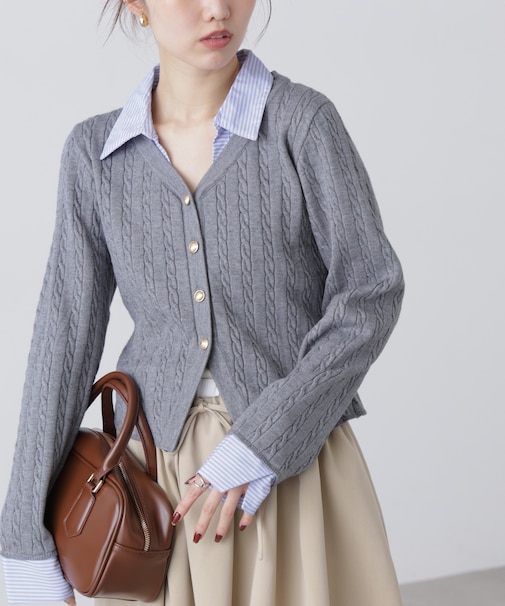 シャツレイヤードゴールドボタンニット