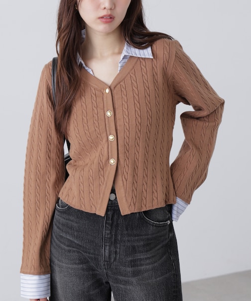 シャツレイヤードゴールドボタンニット