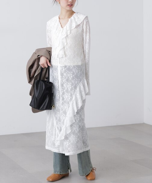 前開きラッフルフリルレースワンピース