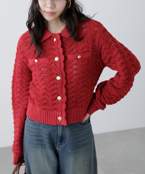ミニブークレツィードライク配色ニットカーディガン