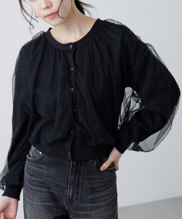 チュールレイヤードクルーネックニットカーディガン