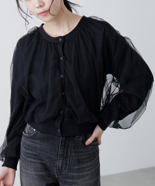 チュールレイヤードクルーネックニットカーディガン