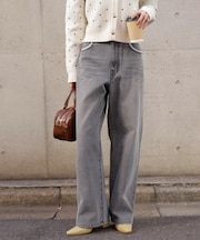 [低身長サイズ／Sシリーズ]レーストリミングワイドストレートデニムパンツ