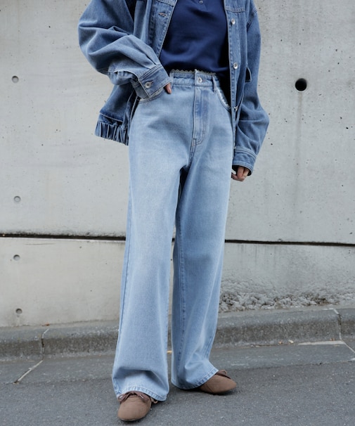 [低身長サイズ／Sシリーズ]レーストリミングワイドストレートデニムパンツ
