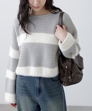 編み地ミックスショート丈ボーダーニット