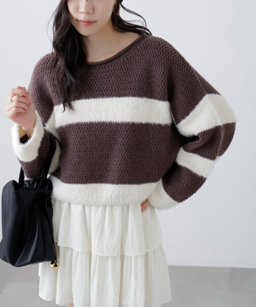 編み地ミックスショート丈ボーダーニット