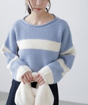 編み地ミックスショート丈ボーダーニット