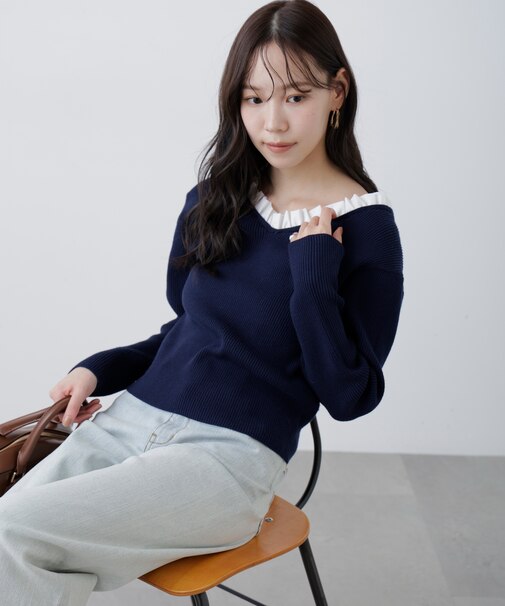 フリルドッキングＶネックニット〈MFM〉