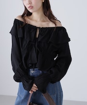 衿フリルペプラム前開きブラウス
