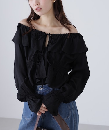 衿フリルペプラム前開きブラウス