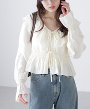 衿フリルペプラム前開きブラウス