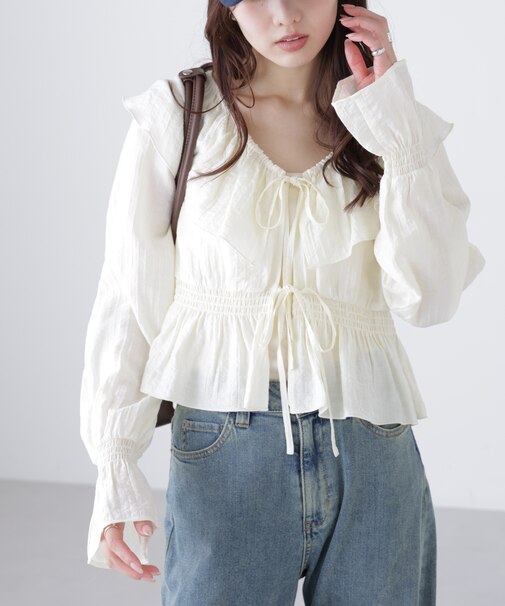 衿フリルペプラム前開きブラウス