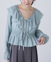 衿フリルペプラム前開きブラウス