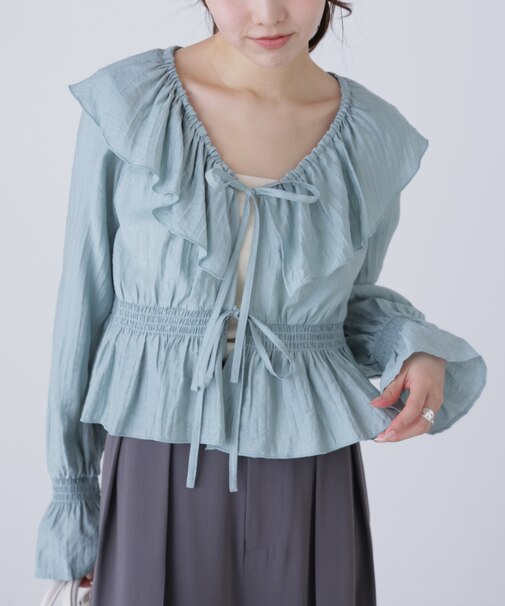 衿フリルペプラム前開きブラウス