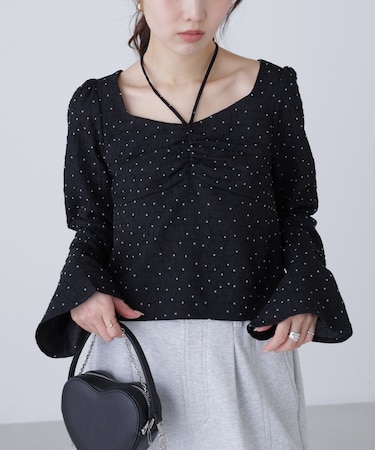 フロントギャザーネックリボン付きブラウス