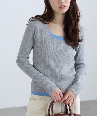 配色レイヤードリブニットカーディガン