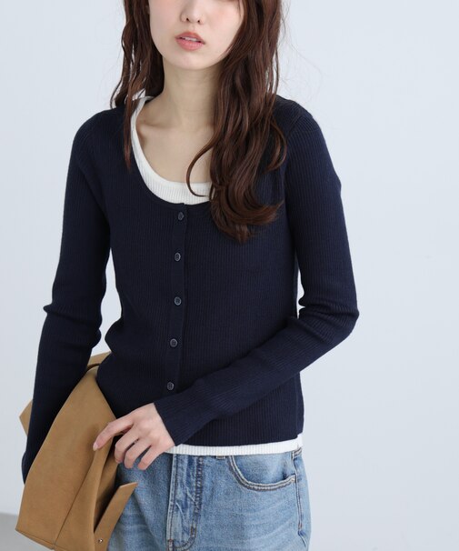 配色レイヤードリブニットカーディガン