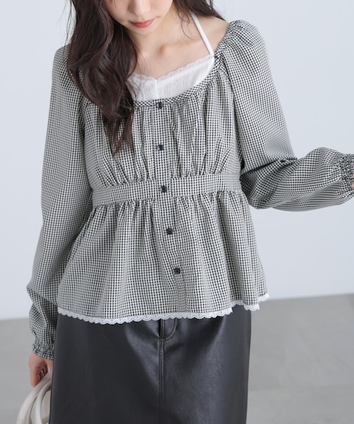 レイヤード風ギンガムチェックペプラムブラウス